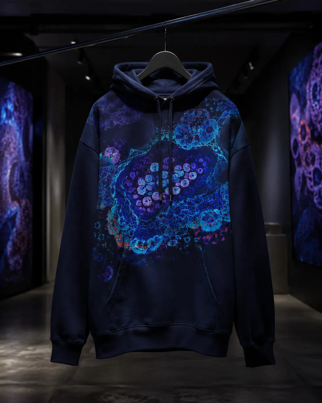 Navy Cellwear hoodie with microscopy-inspired artwork